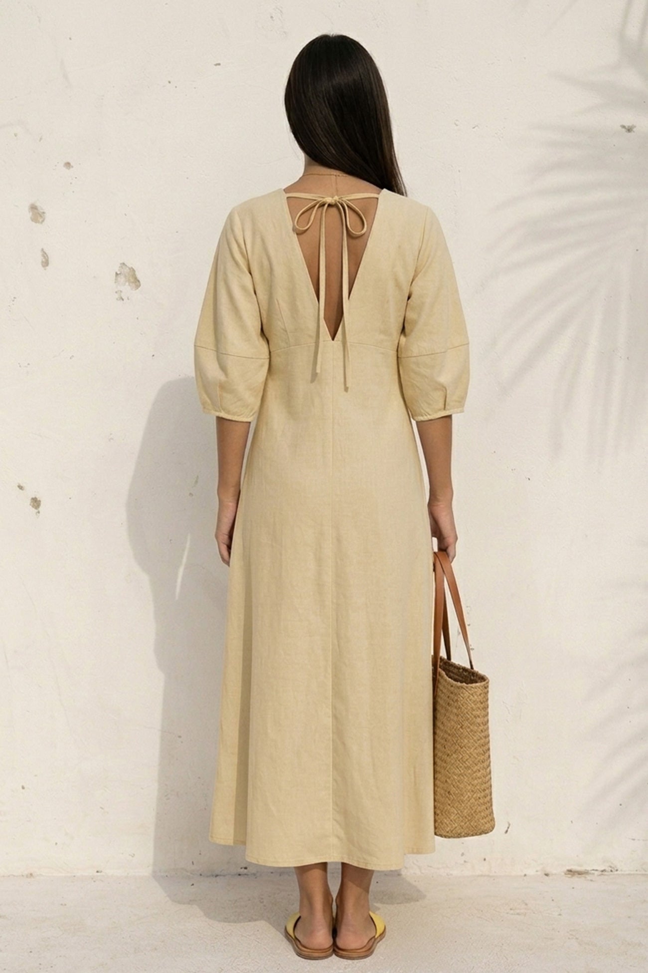 V Neck Single-breasted Cotton Linen A-line Dress