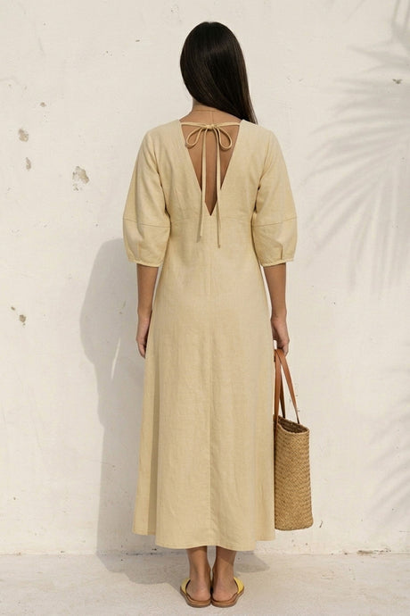 V Neck Single-breasted Cotton Linen A-line Dress