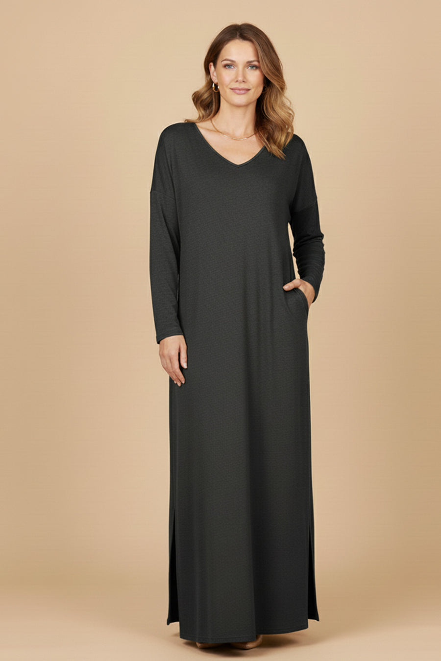 Contrast Binding V Neck Slit Hem Sweater Dress