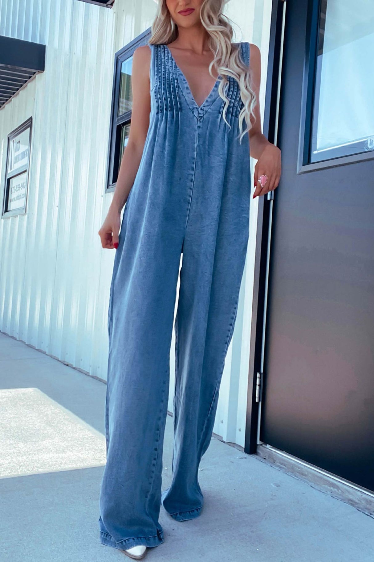 Arolora V Neck Smocked Backless Denim Jumpsuits