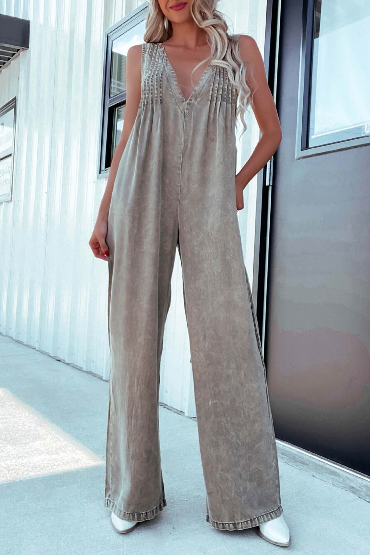 Arolora V Neck Smocked Backless Denim Jumpsuits