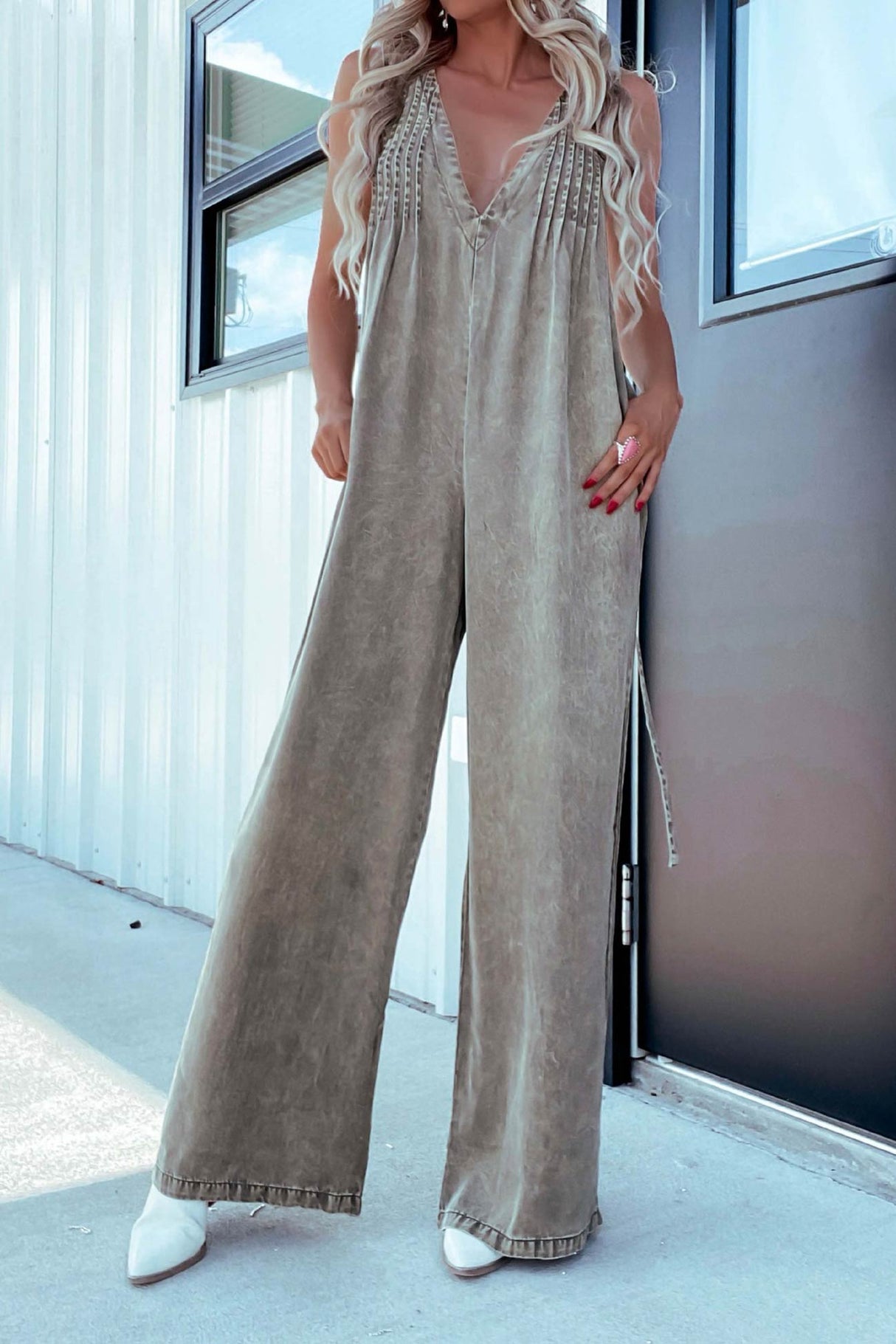 Arolora V Neck Smocked Backless Denim Jumpsuits