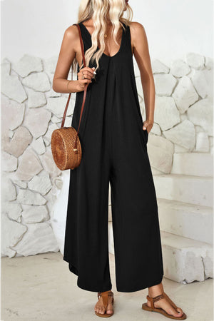 V Neck Solid Irregular Hem Cotton Jumpsuits