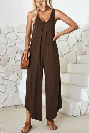 V Neck Solid Irregular Hem Cotton Jumpsuits