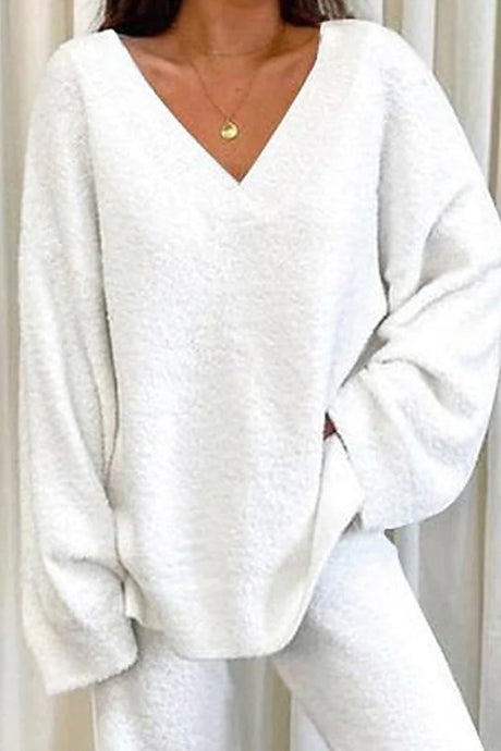 V Neck Solid Slit Hem Loungewear