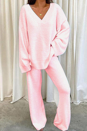 V Neck Solid Slit Hem Loungewear