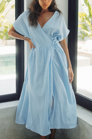 Arolora V Neck Tie-up Slit A-line Cotton Dress
