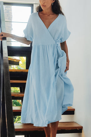 Arolora V Neck Tie-up Slit A-line Cotton Dress