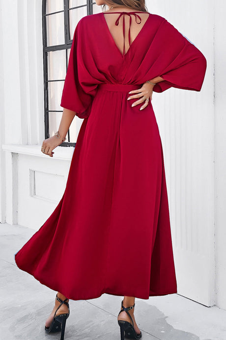 Arolora v-neck-tie-waist-slit-dress