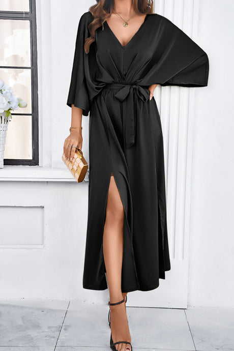 Arolora v-neck-tie-waist-slit-dress