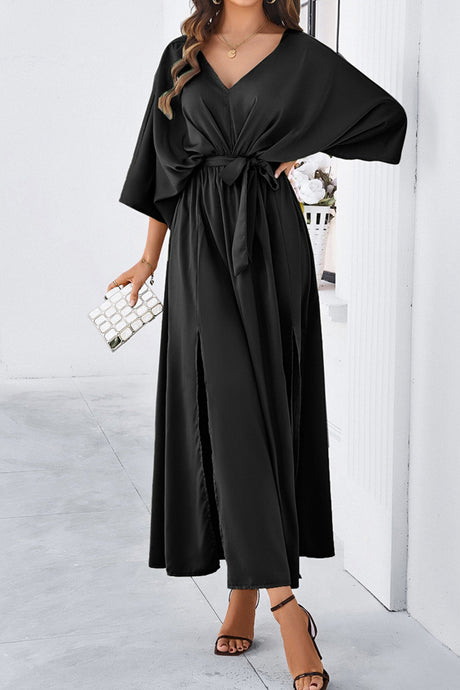 Arolora v-neck-tie-waist-slit-dress