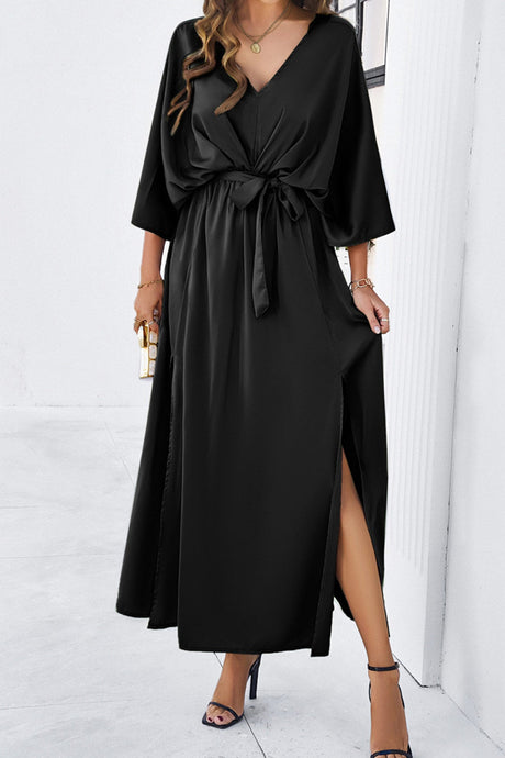 Arolora v-neck-tie-waist-slit-dress