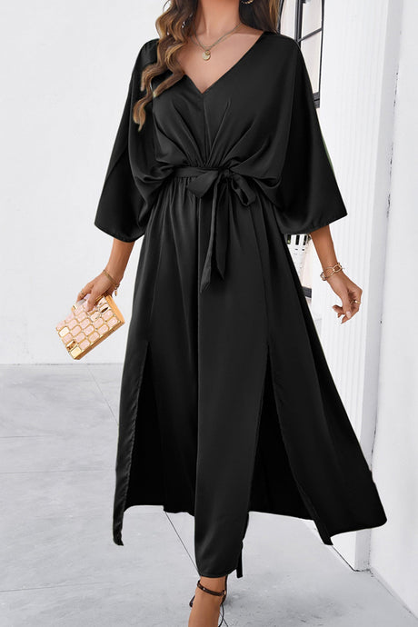 Arolora v-neck-tie-waist-slit-dress