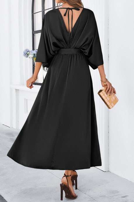 Arolora v-neck-tie-waist-slit-dress