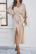 Arolora v-neck-tie-waist-slit-dress