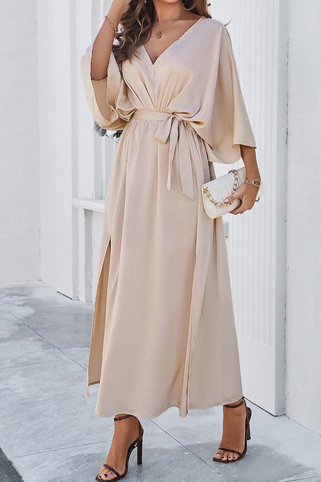 Arolora v-neck-tie-waist-slit-dress