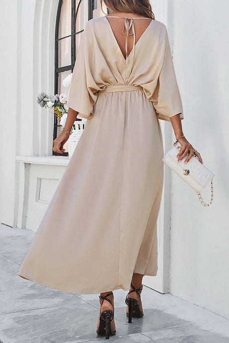 Arolora v-neck-tie-waist-slit-dress