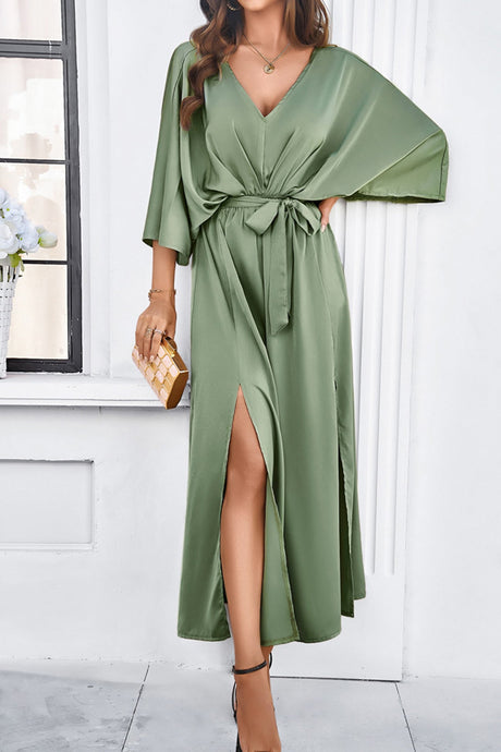 Arolora v-neck-tie-waist-slit-dress