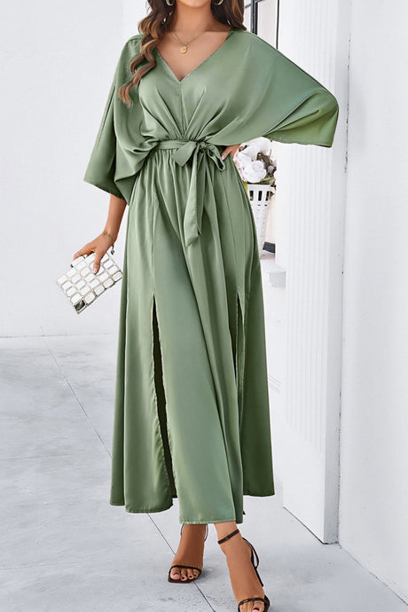 Arolora v-neck-tie-waist-slit-dress