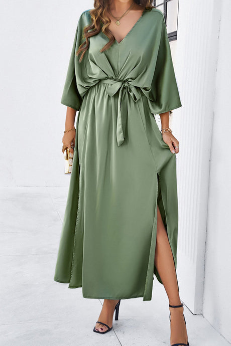 Arolora v-neck-tie-waist-slit-dress