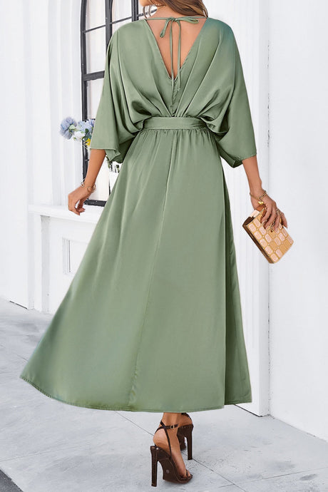 Arolora v-neck-tie-waist-slit-dress