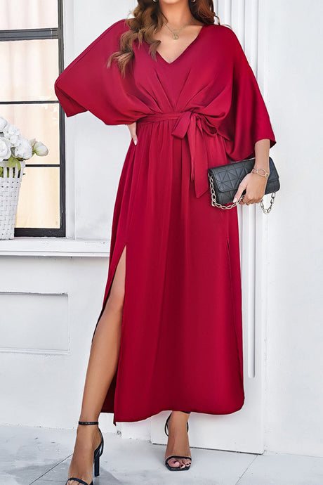 Arolora v-neck-tie-waist-slit-dress