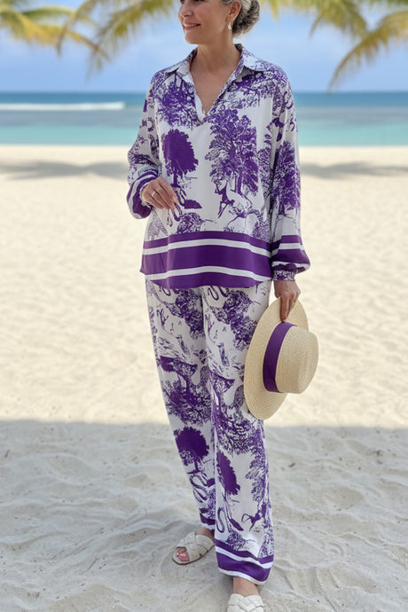 V Neck Vintage Print Two-piece Outfit