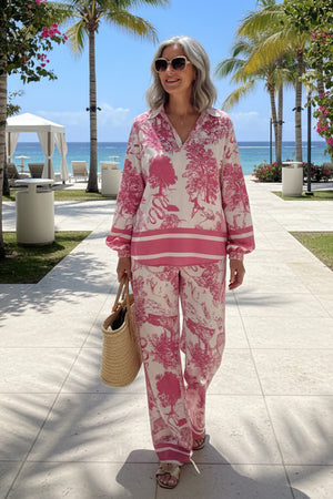 V Neck Vintage Print Two-piece Outfit