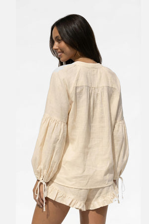 V-neck Lantern Sleeve Cotton Shirt Set