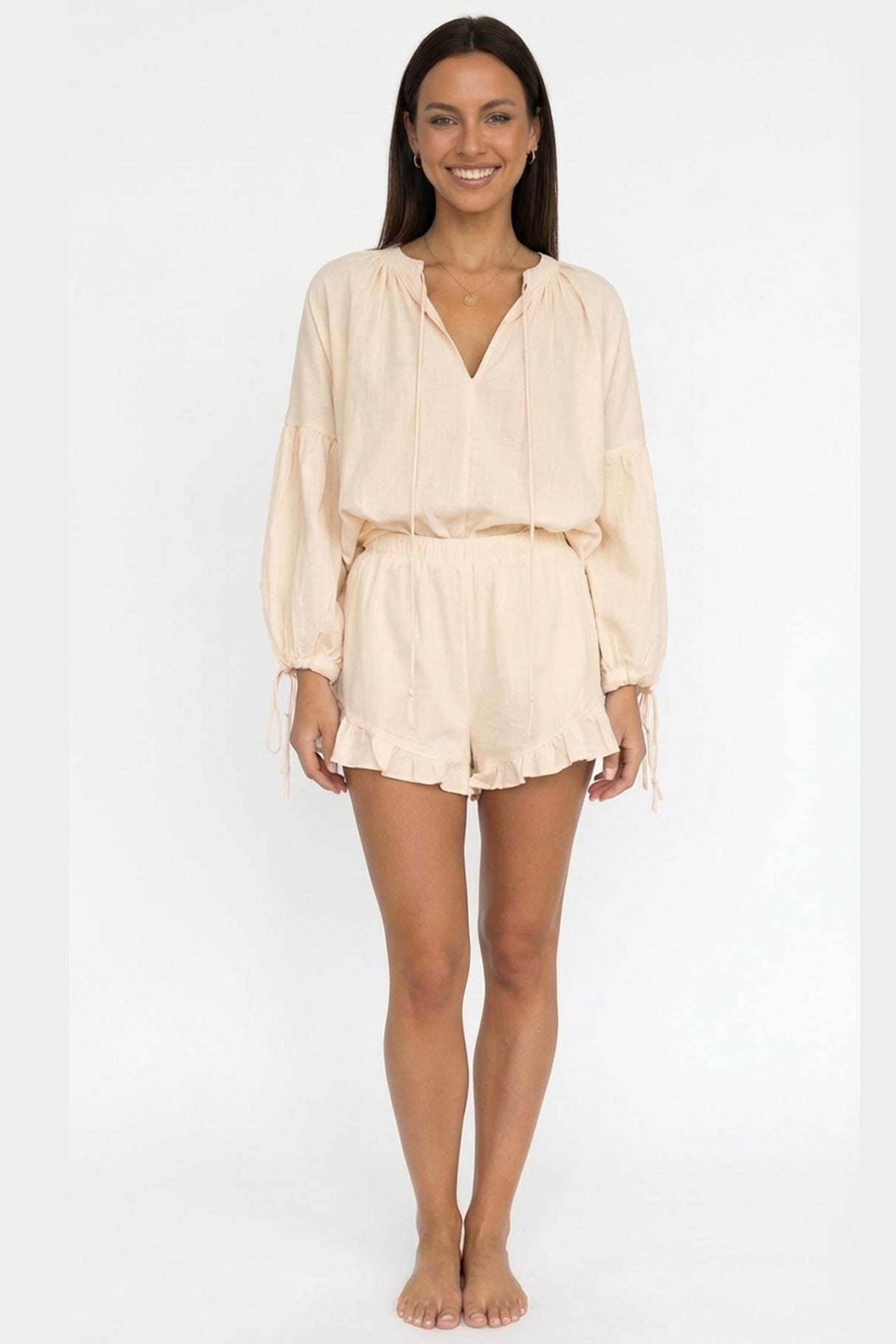 V-neck Lantern Sleeve Cotton Shirt Set
