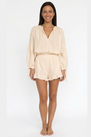 V-neck Lantern Sleeve Cotton Shirt Set