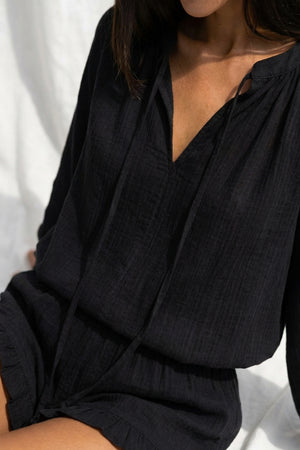 V-neck Lantern Sleeve Cotton Shirt Set