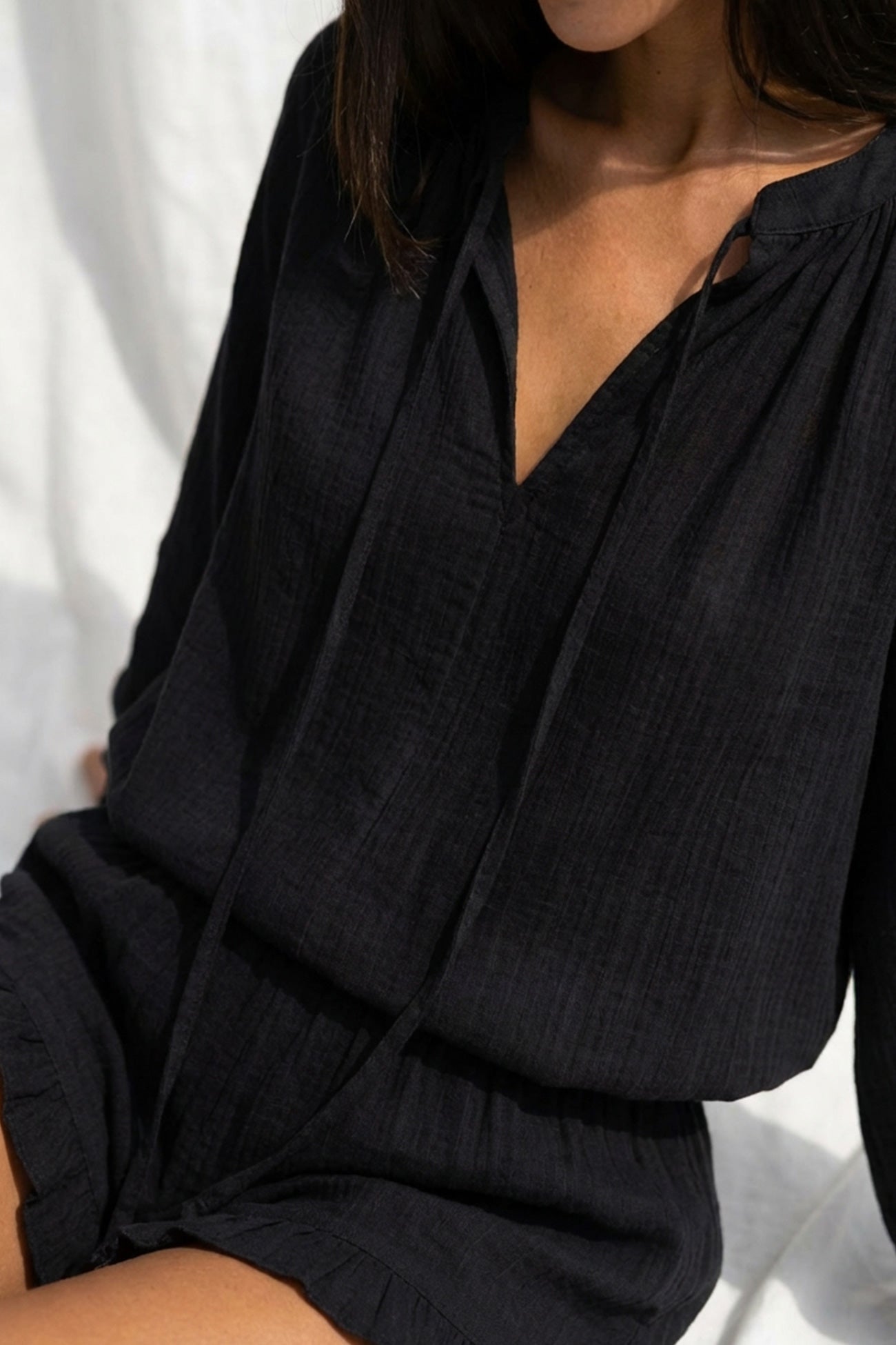 V-neck Lantern Sleeve Cotton Shirt Set
