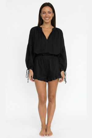 V-neck Lantern Sleeve Cotton Shirt Set