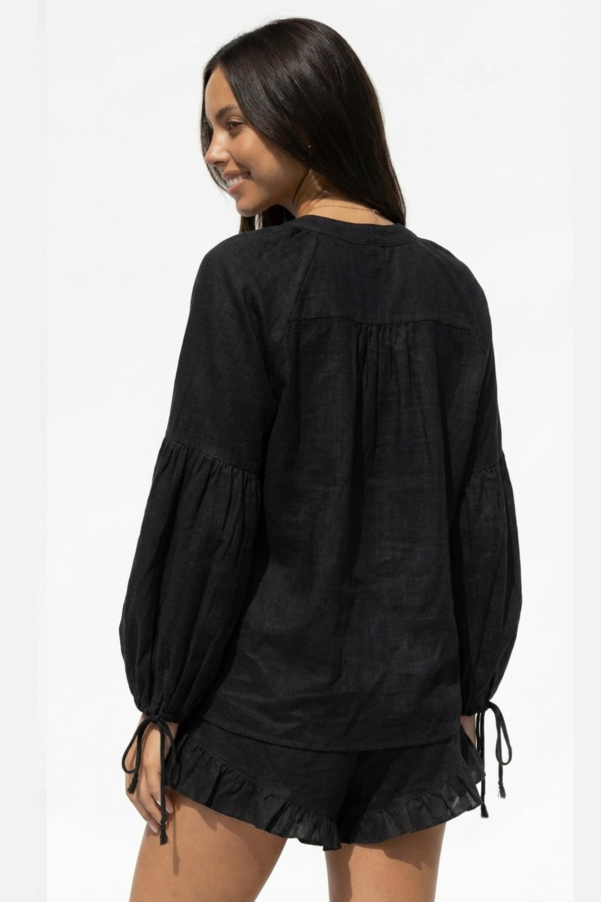 V-neck Lantern Sleeve Cotton Shirt Set