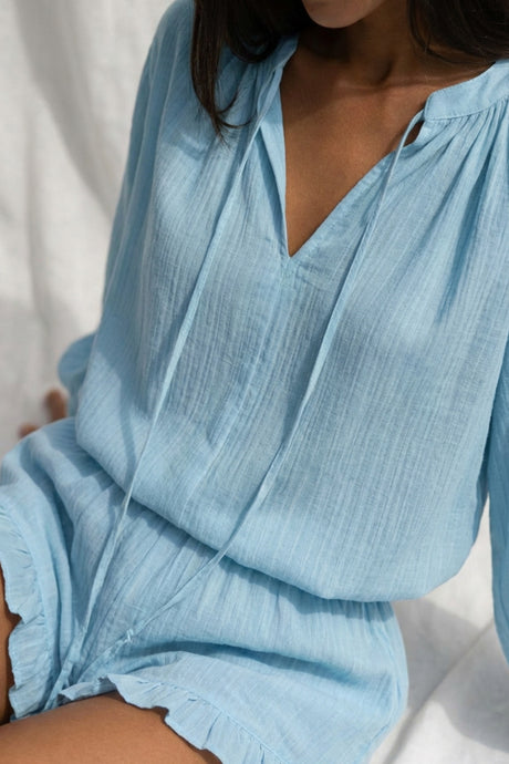 V-neck Lantern Sleeve Cotton Shirt Set