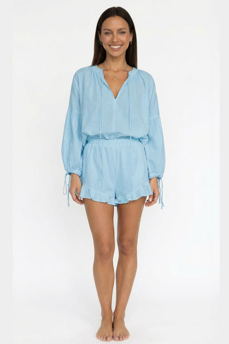 V-neck Lantern Sleeve Cotton Shirt Set