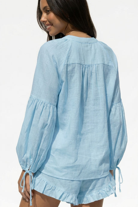 V-neck Lantern Sleeve Cotton Shirt Set