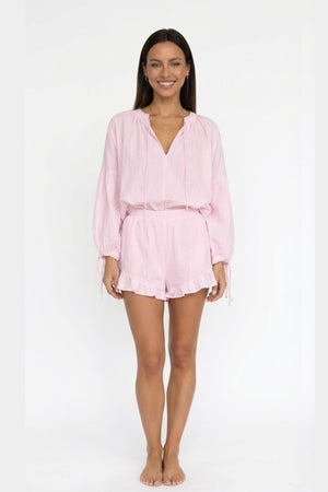 V-neck Lantern Sleeve Cotton Shirt Set