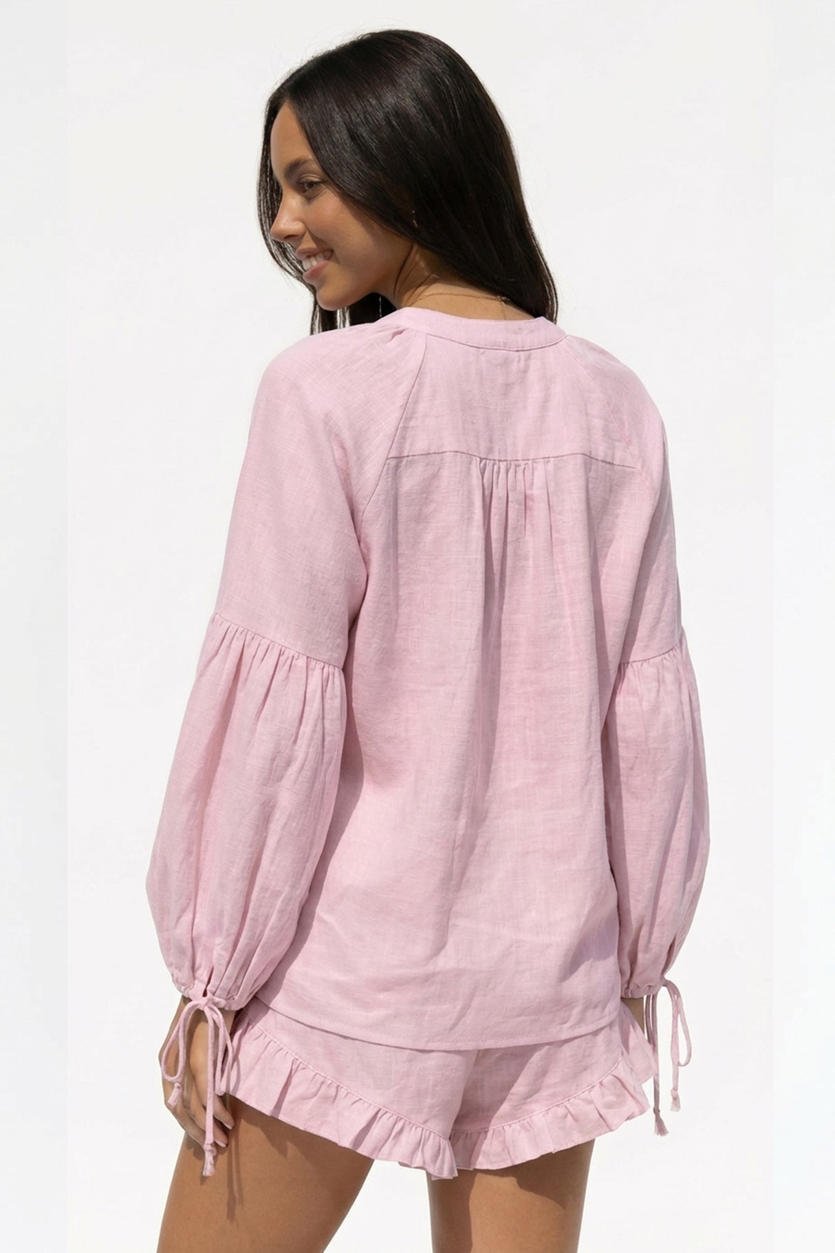 V-neck Lantern Sleeve Cotton Shirt Set