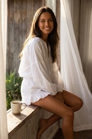 V-neck Lantern Sleeve Cotton Shirt Set