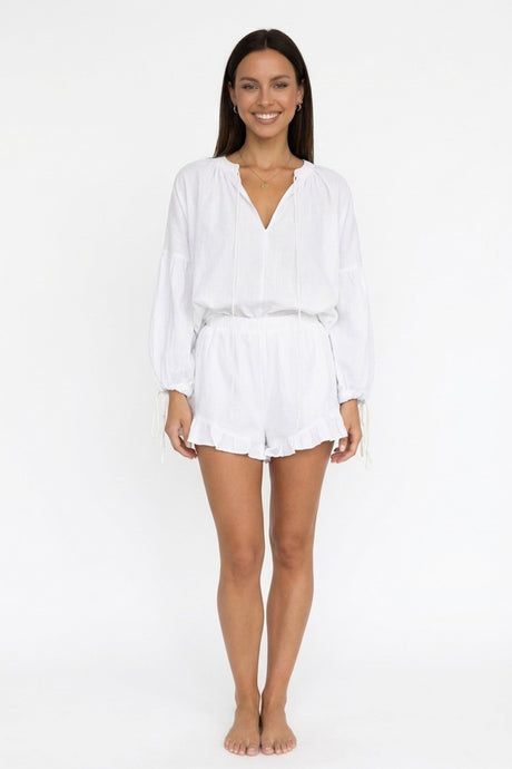 V-neck Lantern Sleeve Cotton Shirt Set