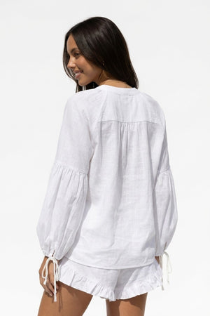V-neck Lantern Sleeve Cotton Shirt Set