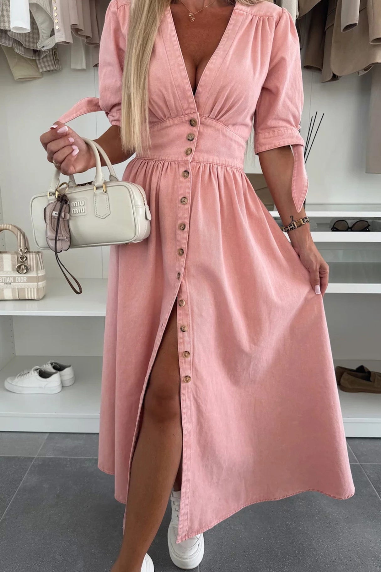 Arolora V-neck Single-breasted Denim Dress