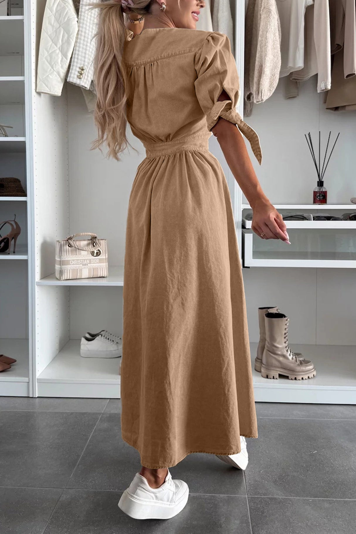 Arolora V-neck Single-breasted Denim Dress