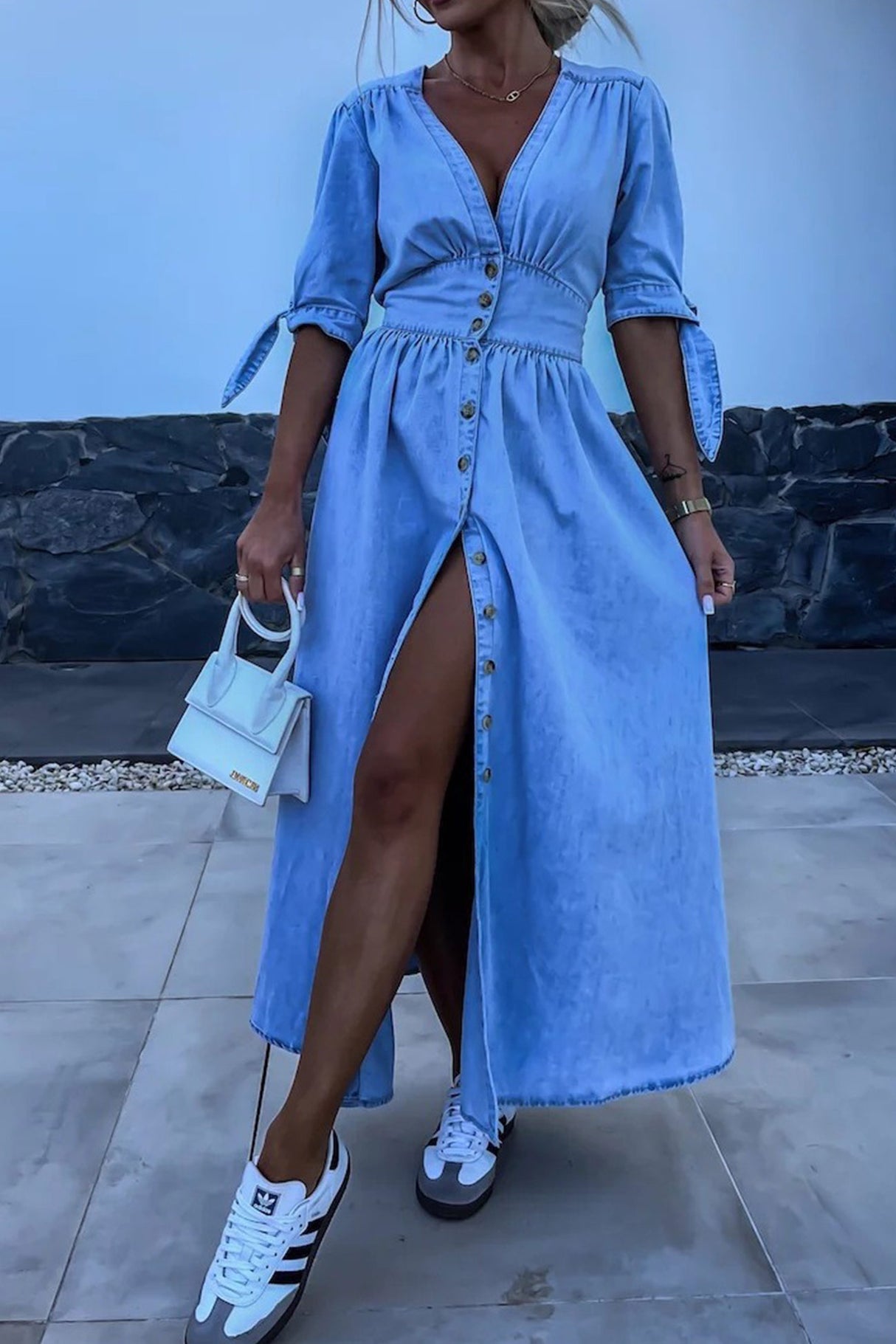 Arolora V-neck Single-breasted Denim Dress