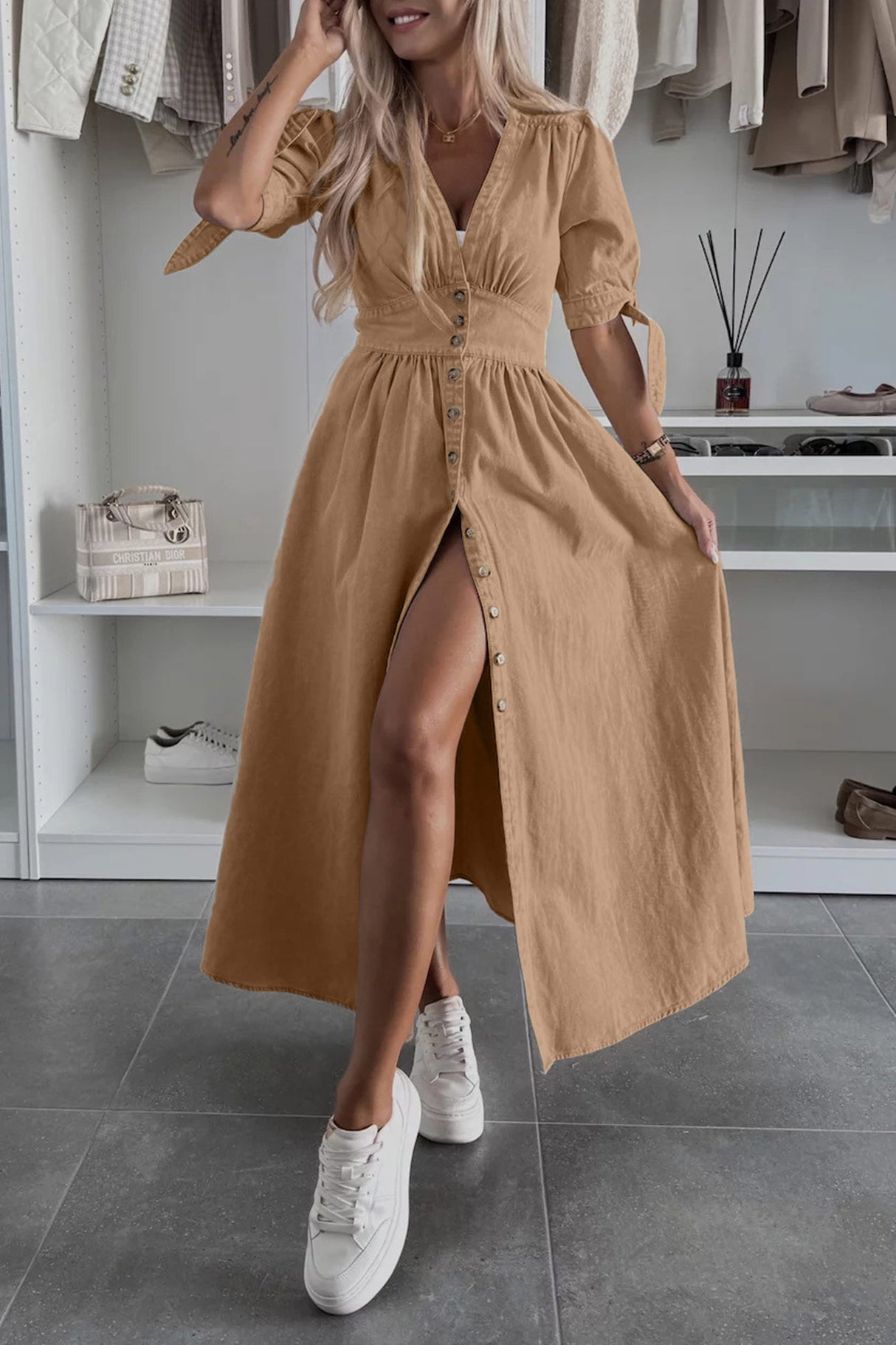 Arolora V-neck Single-breasted Denim Dress