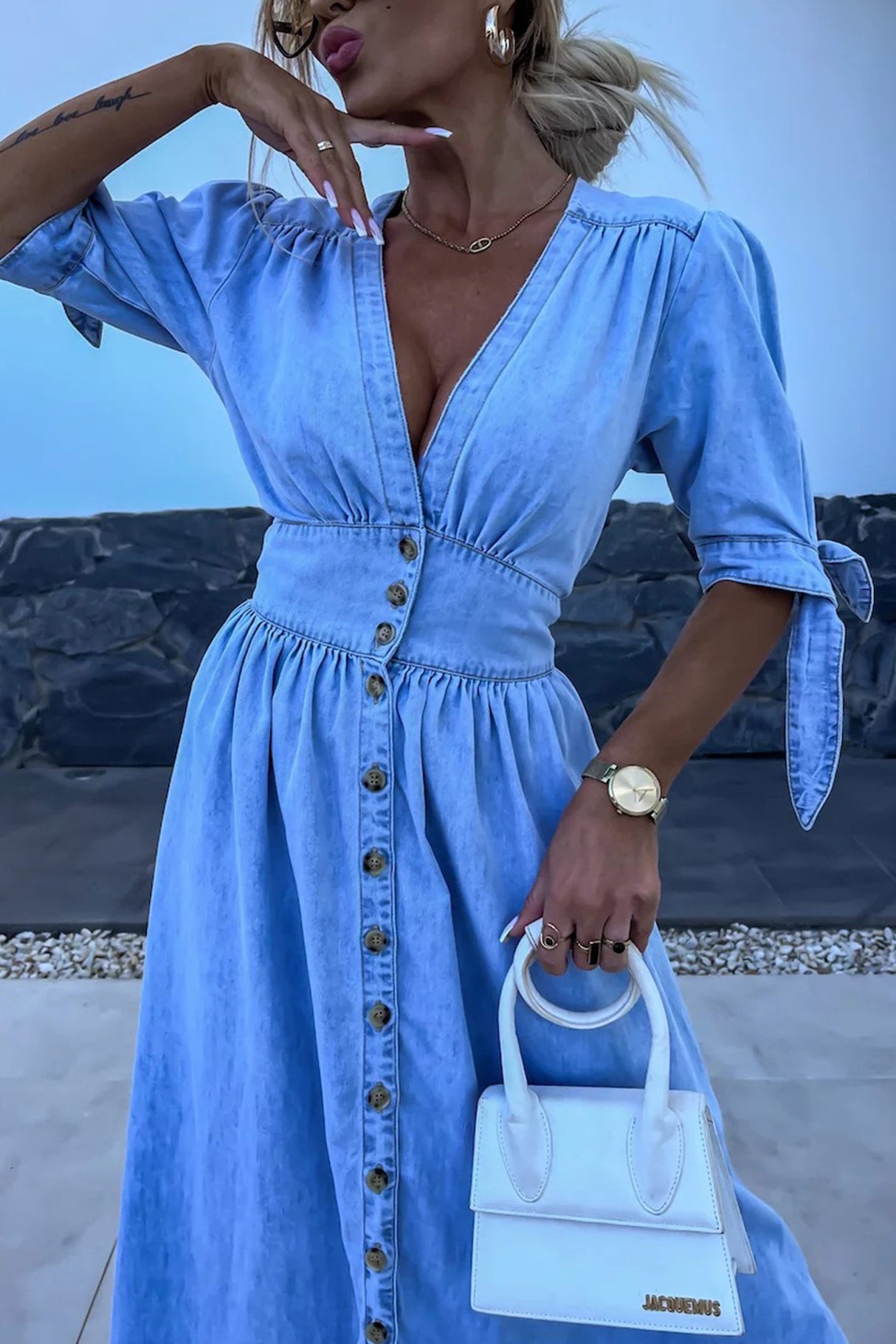 Arolora V-neck Single-breasted Denim Dress