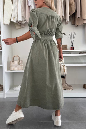 Arolora V-neck Single-breasted Denim Dress