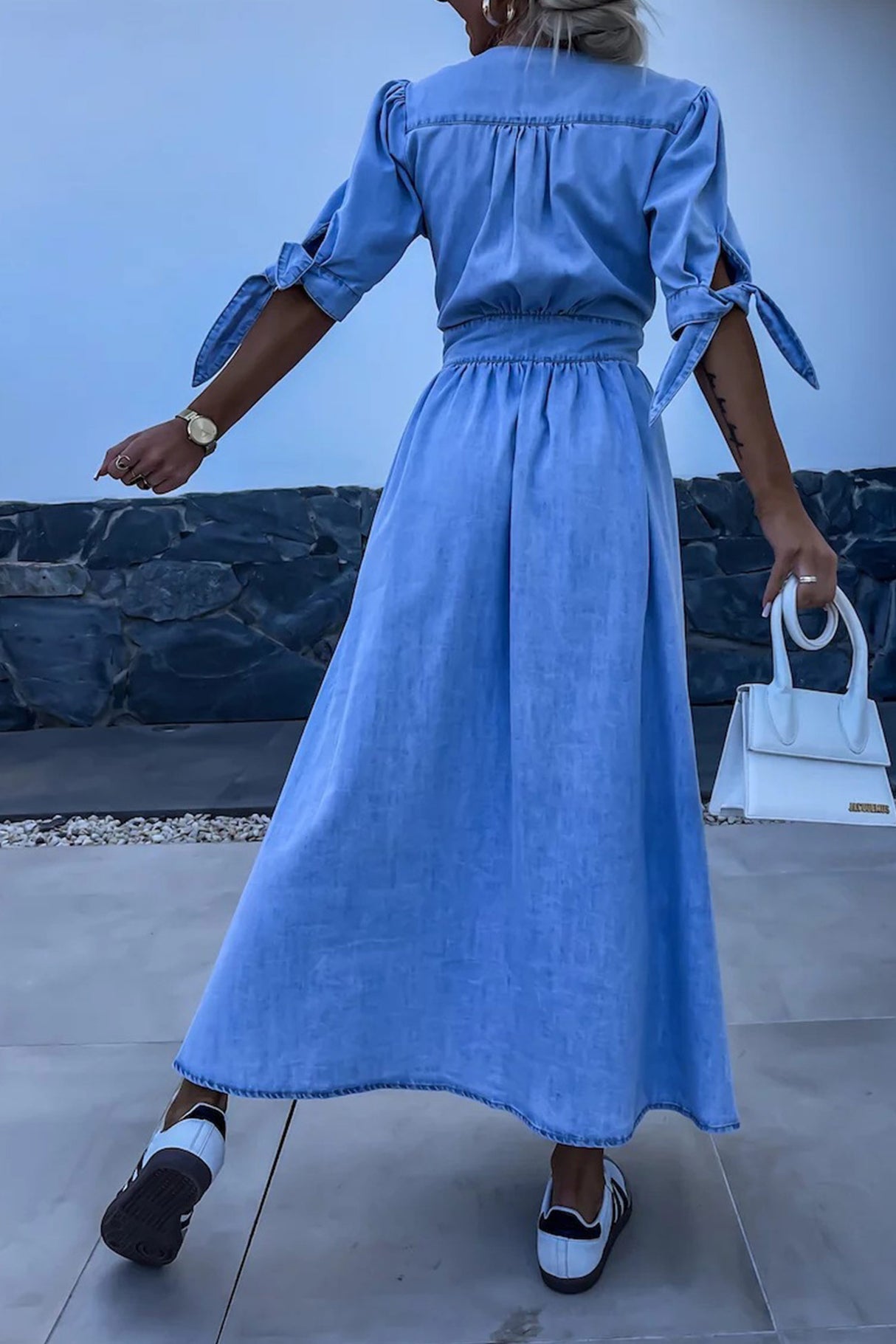 Arolora V-neck Single-breasted Denim Dress
